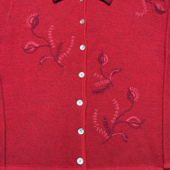 KAREN SCOTT Holiday Cardigan 100% Pure Wool Red Embroidered Sweater Jacket Sz M - Picture 3 of 11